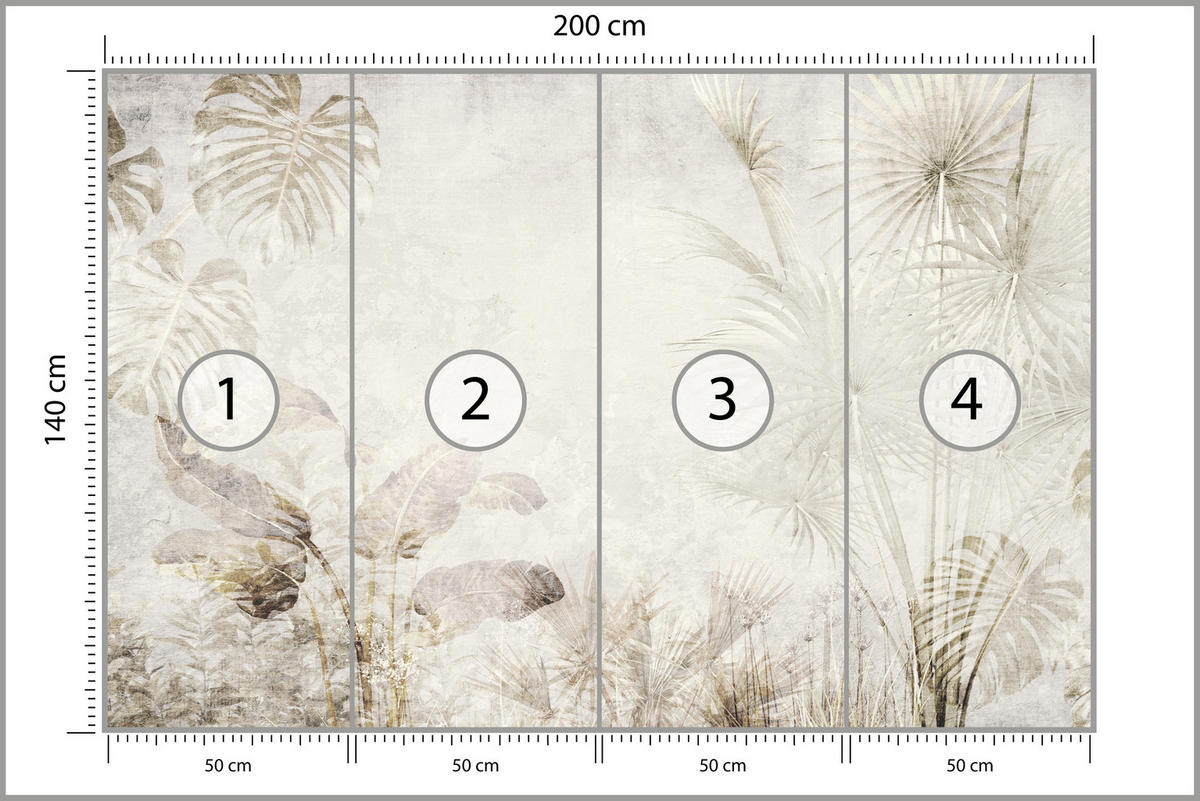 FOTOTAPETE für Wohnzimmer Tropisch Vintage Palmenblätter Beton 200x140 - Beige/Creme, Papier (200/140cm) - Muralo