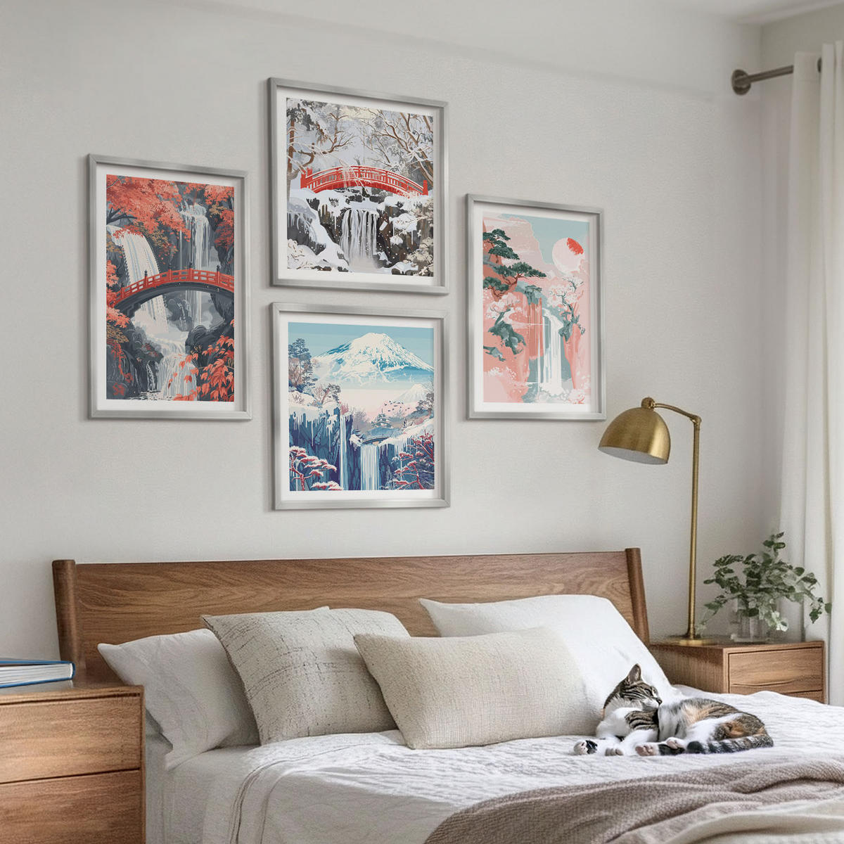 WANDBILDER 4er Set - 50x50 cm & 40x60 cm Silberner Rahmen - Wasserfälle, Brücken, Bäume, Jahreszeiten - Silberfarben, Kunststoff (50/50cm) - ArtPrintCave