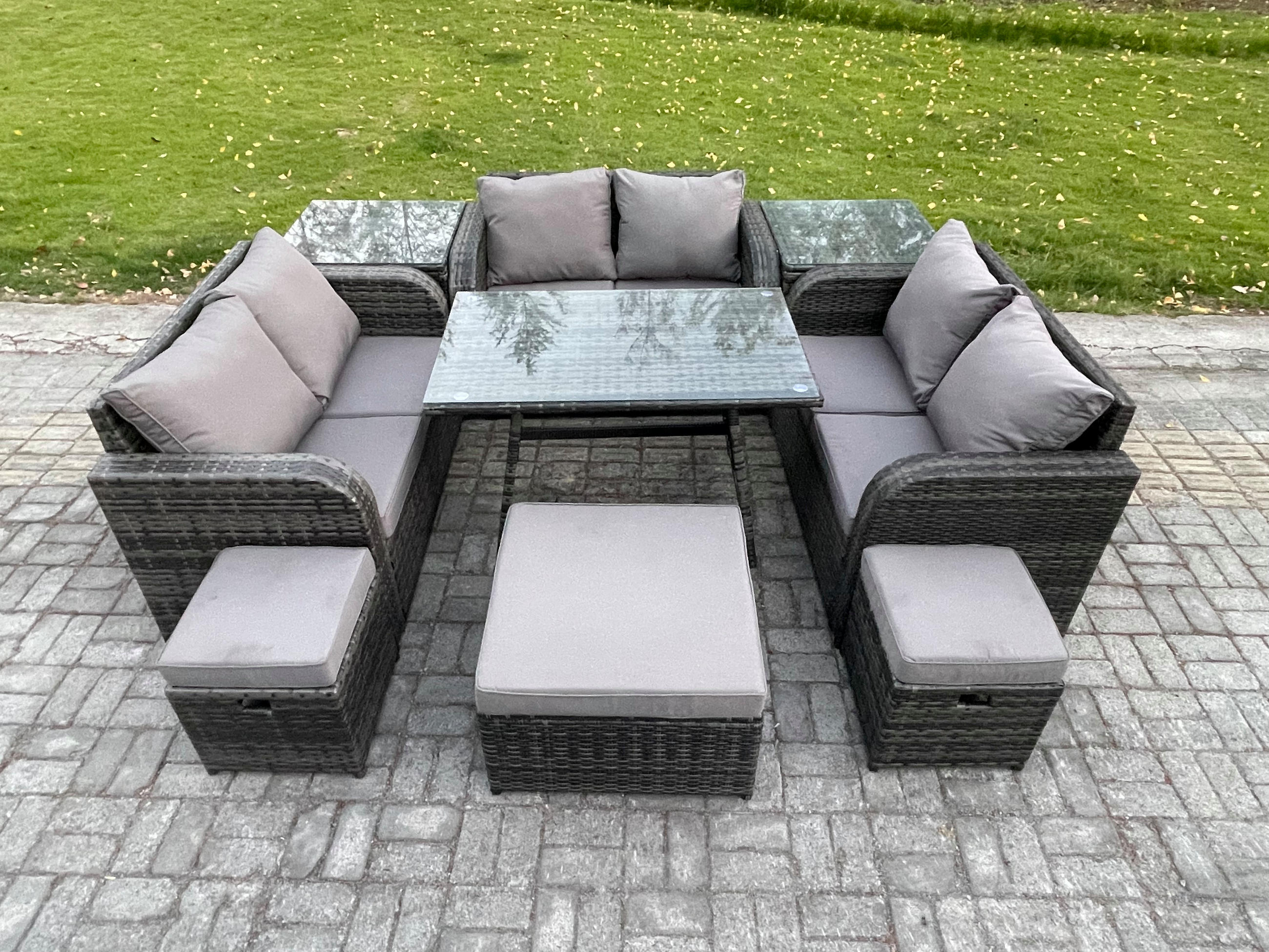 GARTENMÖBELSET mit ESSTISCH,SOFA Polyrattan 9-Sitzer - Dunkelgrau/Grau, Glas/Kunststoff - Fimous
