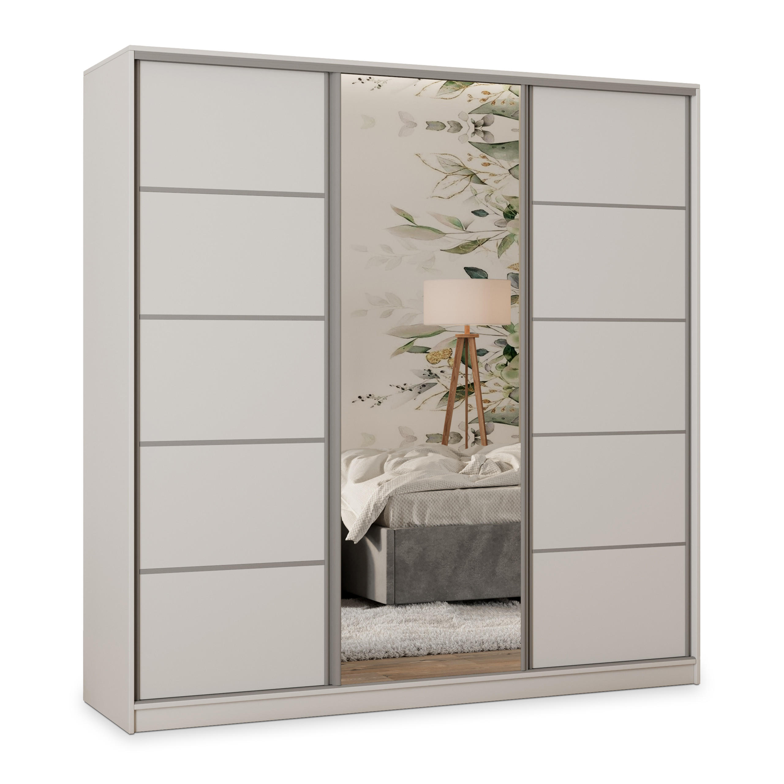 SCHWEBETÜRENSCHRANK PINA 180/205/58 cm 3-türig mit Spiegel und Schubladen Weiß - Silberfarben/Weiß, Holzwerkstoff (180/205/58cm) - MASSENO