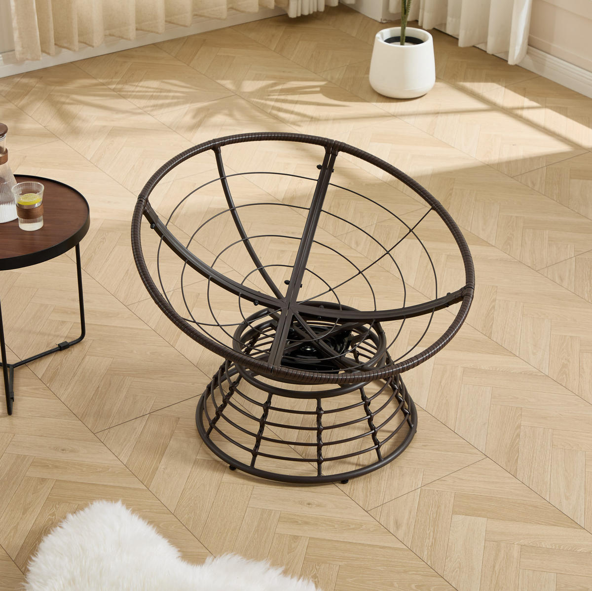 OTOČNÉ křeslo 92/67 cm hnědá/béžová z oceli a PE ratanu s 360° otáčením - béžová, kov (92/67/92cm) - OKWISH