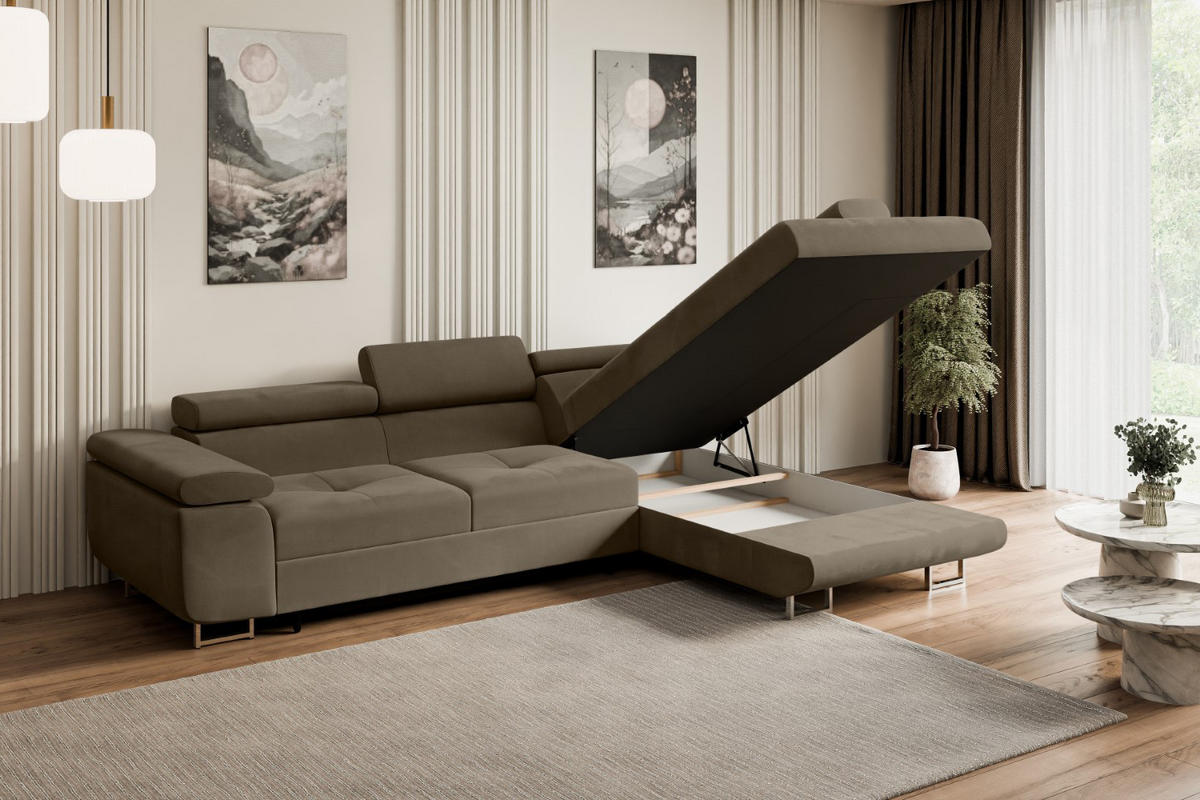 ECKSOFA mit Schlaffunktion und Bettkasten GUSA-L 272x202x107 cm Braun Velours - Silberfarben/Braun, Holzwerkstoff/Textil (272/202cm) - ALTDECOR