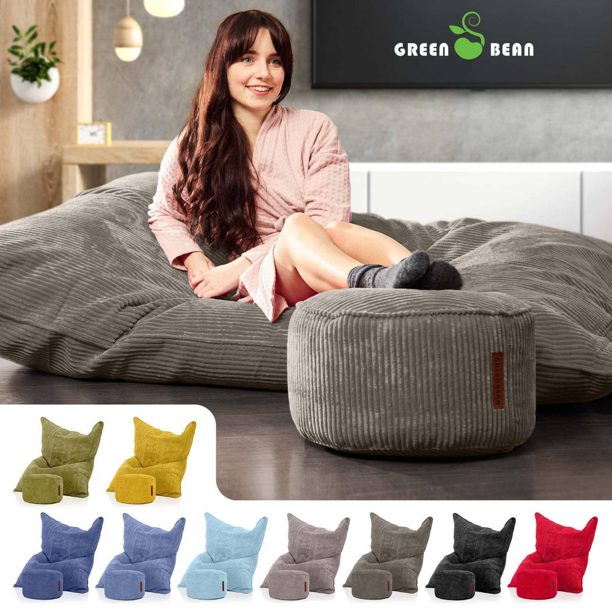 SITZSACK XXL "Square" + Pouf aus Cord - Anthrazit, Textil (140/25/180cm) - Green Bean