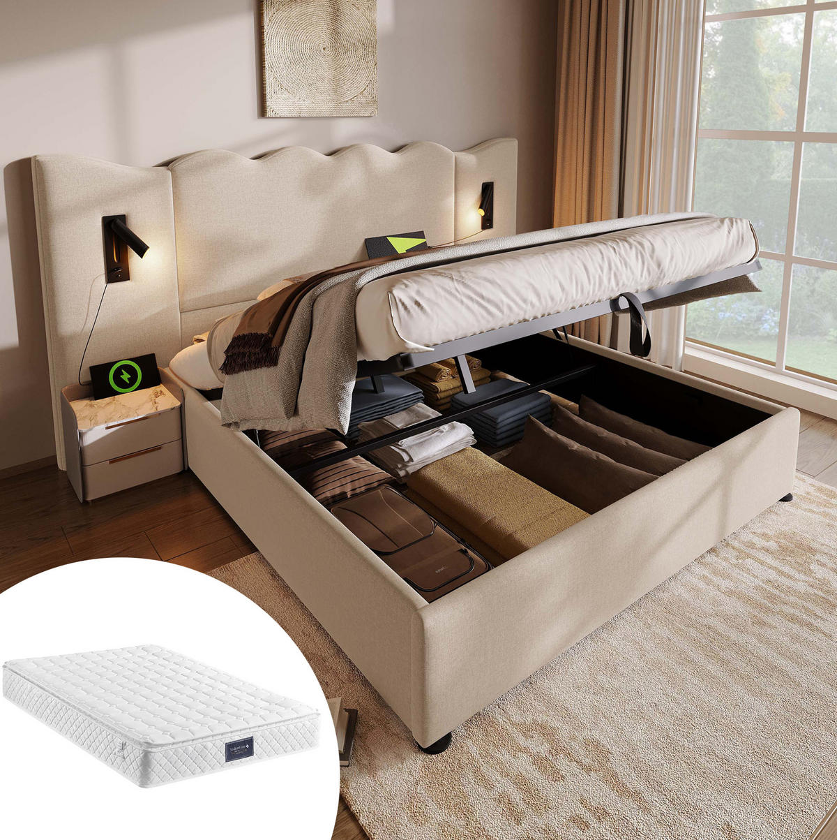POLSTERBETT aus Leinen 160x200 cm in Beige mit Matratze & USB-C - Beige, Textil (160/200cm) - Modfu