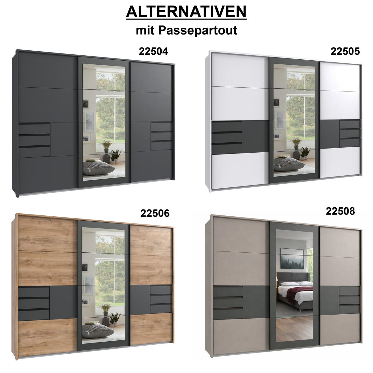 SCHWEBETÜRENSCHRANK 3-türig mit Passepartout, Spiegel, Schubladen, Vollausstattung, Sand Grau mit Absetzungen in Grafit, B273/H213/64 cm / 22508 - Sandfarben/Schwarz, Holzwerkstoff/Metall (273/213/64cm) - luma-home