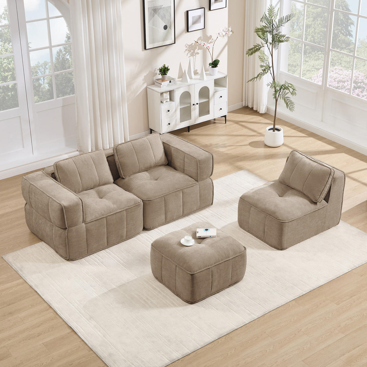ECKSOFA 271/162/67 cm Sand mit 1 Fußhocker - Sandfarben, Textil (271/162cm) - Oxeza