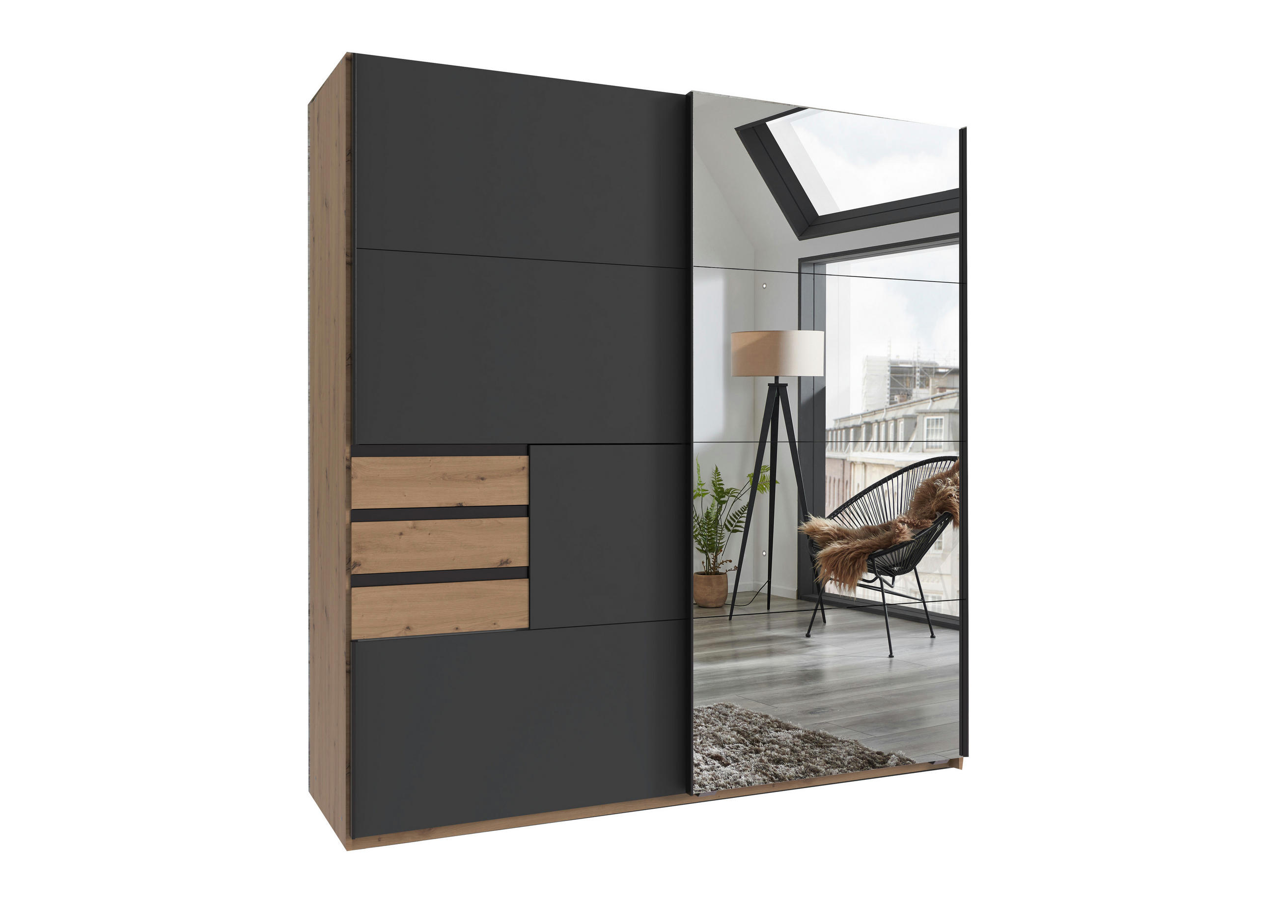 SCHWEBETÜRENSCHRANK Oldenburg in Artisan Eiche mit Spiegeltür und Grafitfront - Eiche Artisan/Braun, Holzwerkstoff (180/198/65cm)