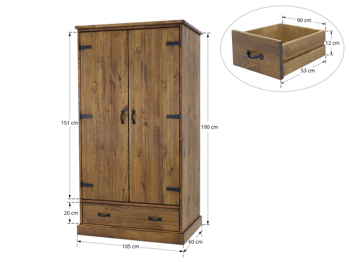 KLEIDERSCHRANK aus Massivholz Rustyk 2D - Dunkelbraun/Schwarz, Holz (105/190/60cm) - Seart