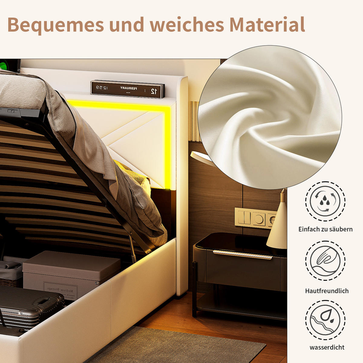 POLSTERBETT 140x200 cm, Weiß, mit LED & USB - Weiß, Textil/Metall (140/200cm)