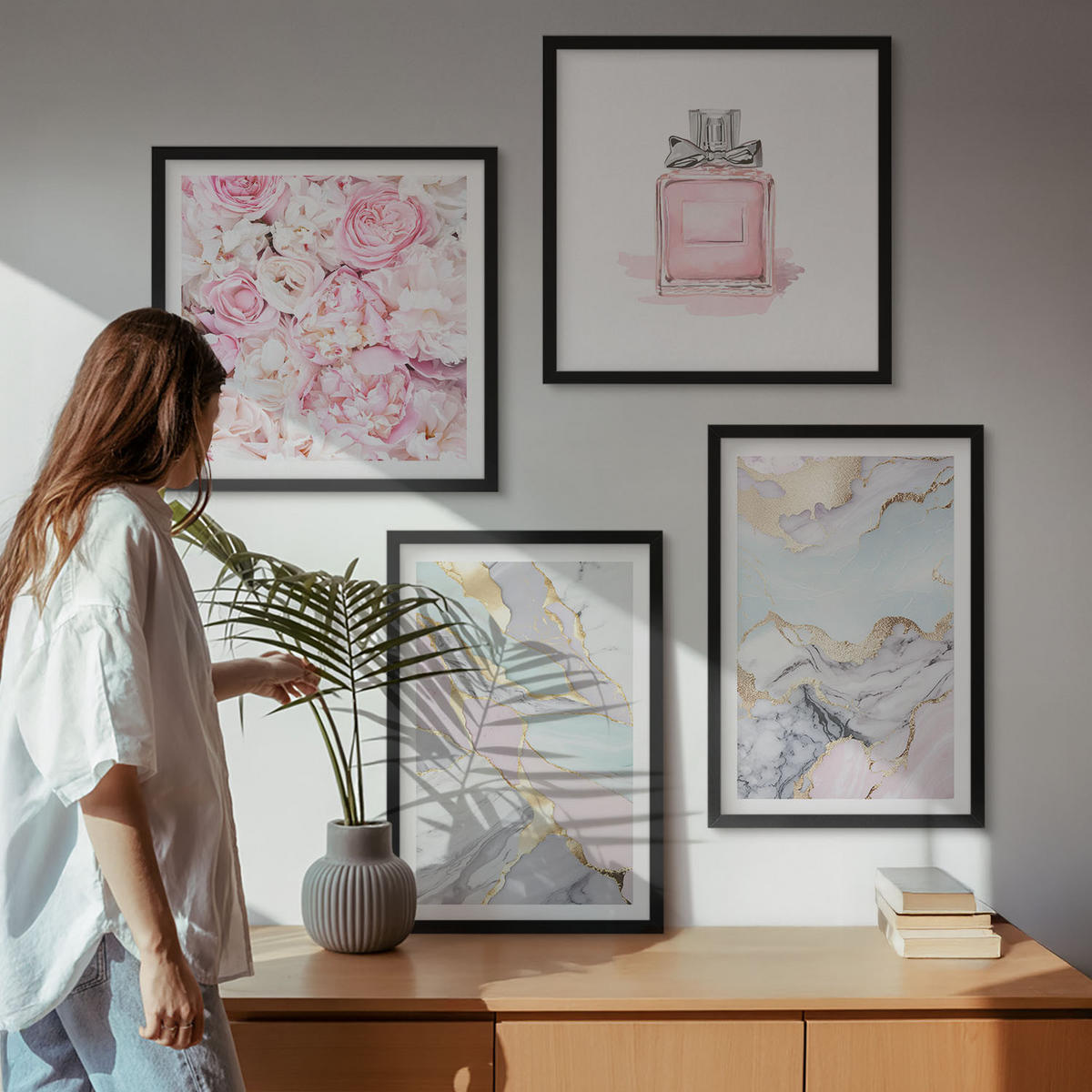WANDBILDER 4er-Set - 50x50 cm & 40x60 cm Schwarzer Rahmen - Rosa Blumen Marmor Pastell - Schwarz, Kunststoff (50/50cm) - ArtPrintCave