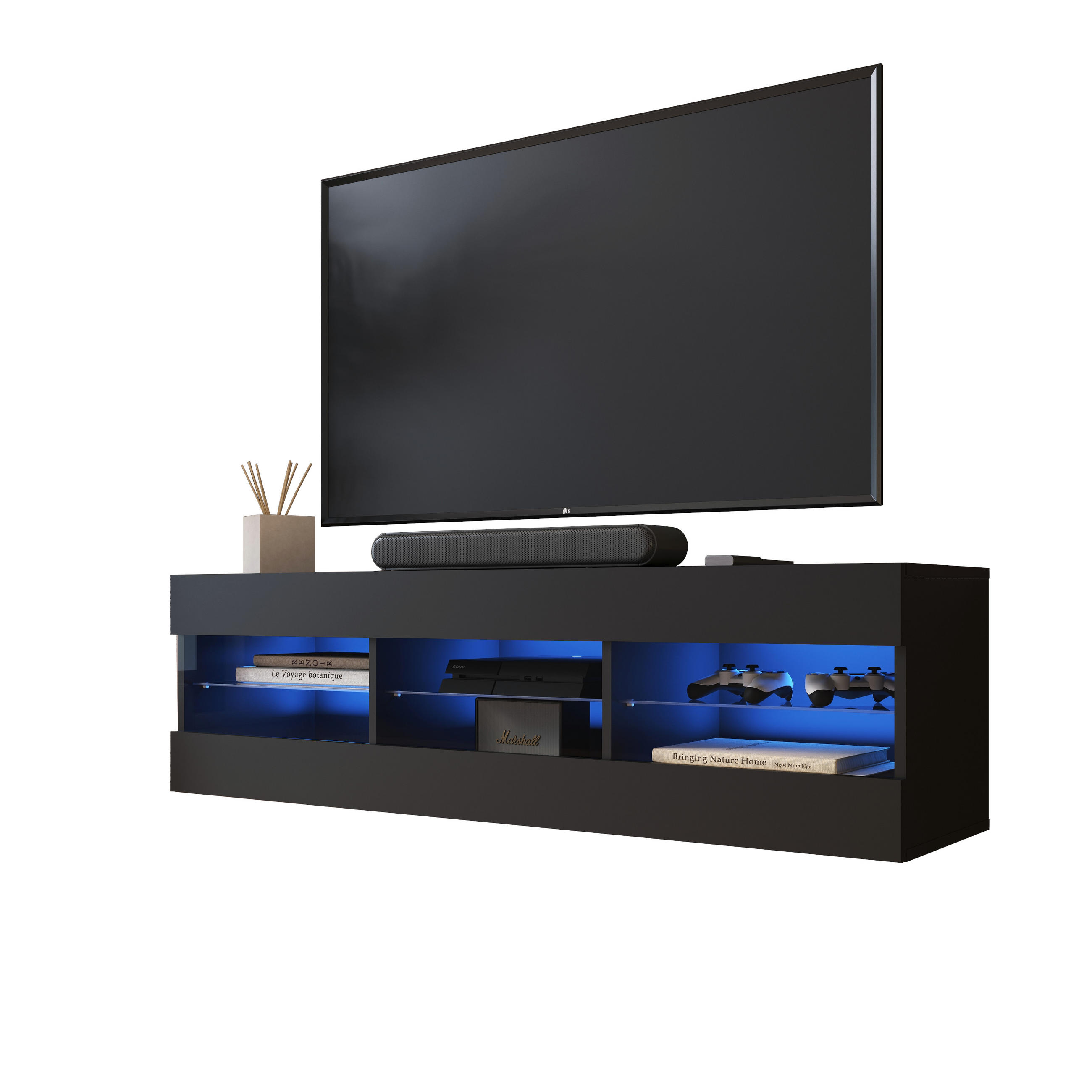 LOWBOARD TIVOLI RTV 140, Schwarz, LED Blau - Schwarz, Glas/Holzwerkstoff (140/40.5/35.5cm) - Komodee