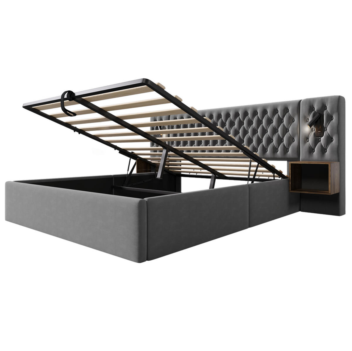 POLSTERBETT aus Samt 180x200 cm in Grau mit Stauraum, USB & Type-C - Grau, Textil (180/200cm) - Modfu