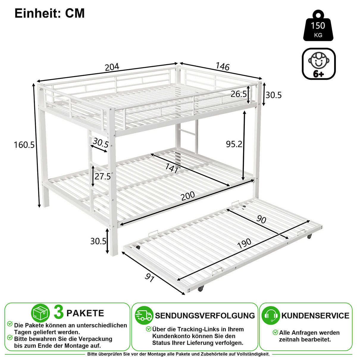 PATROVÁ POSTEL 140/200 cm v bílé barvě s výsuvným lůžkem a vysokými zábranami - bílá, kov (140/200cm) - CHICFURN