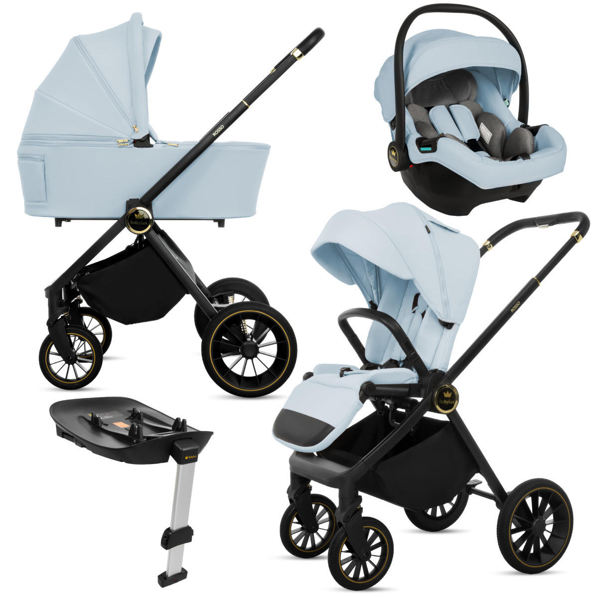 KINDERWAGEN Rosso 4in1 Blau Babywanne, Reisebuggy, Autositz, Isofix Basis - Blau/Schwarz, Textil/Metall (58/98cm) - BabyLux