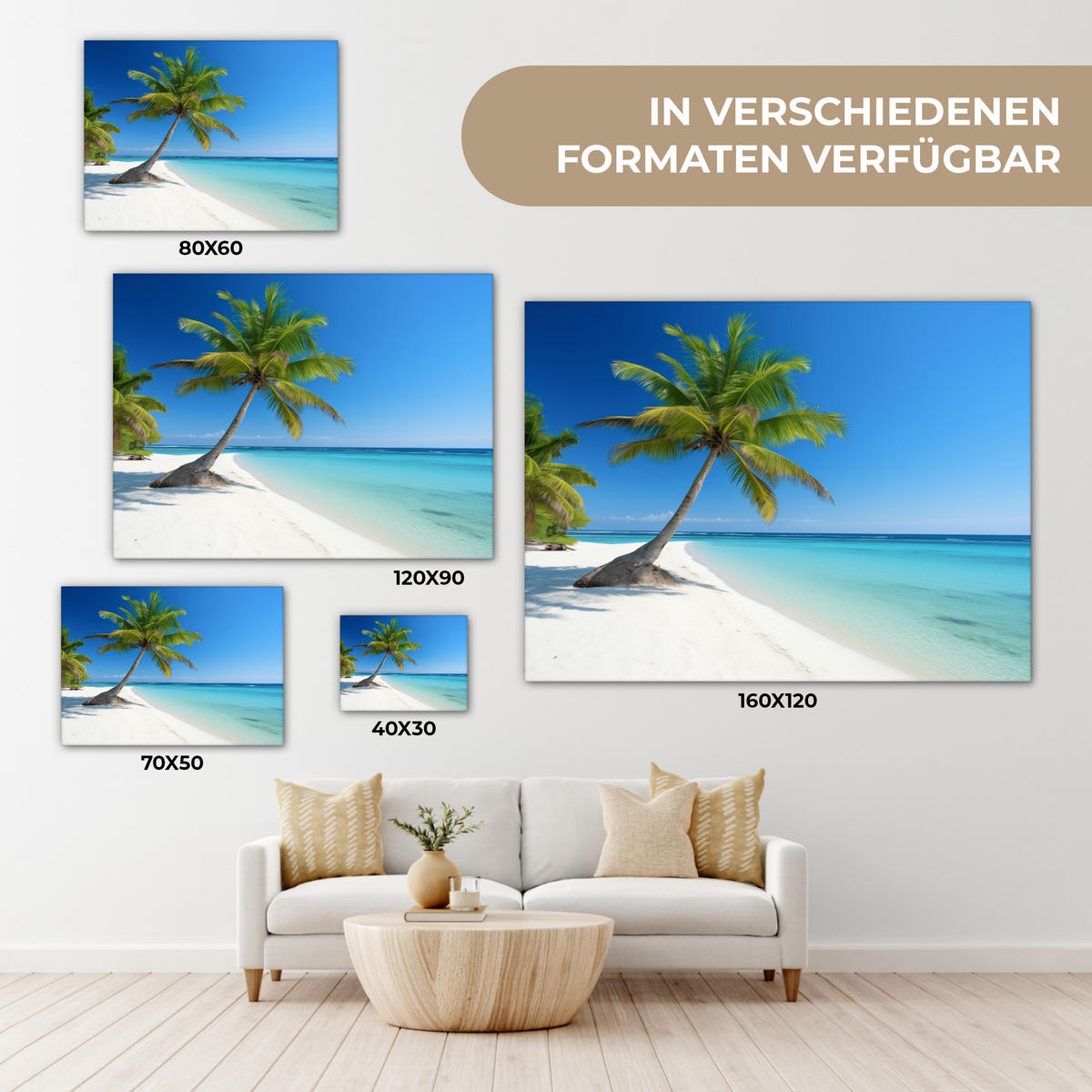 LEINWANDBILD Strand - Palme - Tropisch - Meer Wandbilder 80x60 cm - Grün, Textil (80/60cm) - MuchoWow
