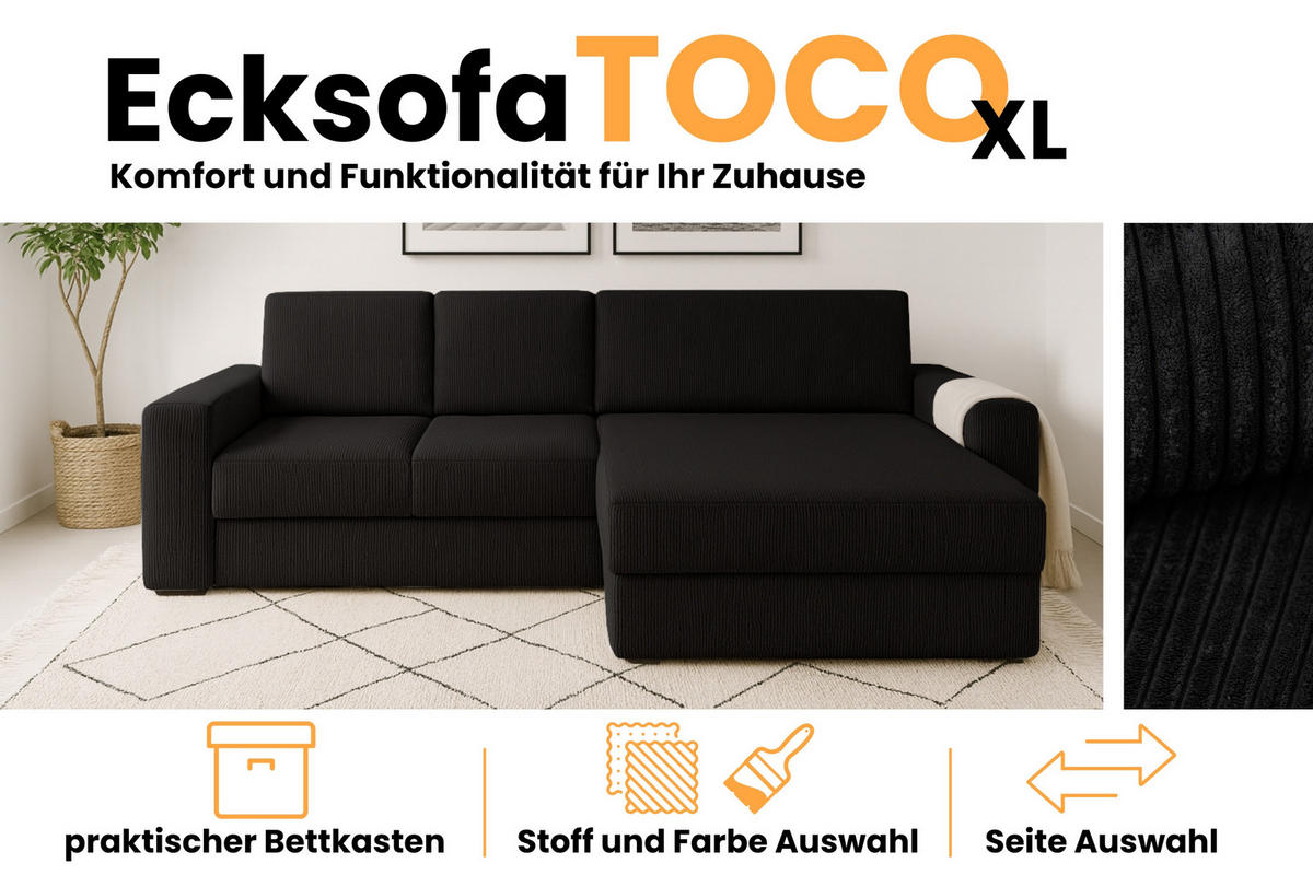 ECKSOFA TOCO XL 275/170 cm in Cord Schwarz rechts - Schwarz, Holz/Holzwerkstoff (275/170cm) - Deine Möbel 24