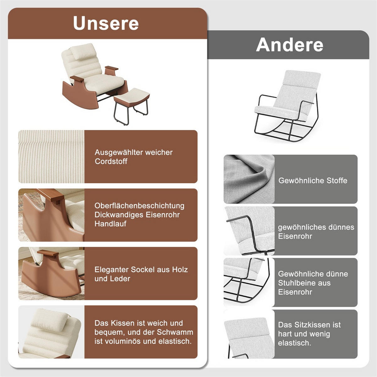 SCHAUKELSTUHL mit Hocker und Kopfkissen - mit 3-stufig verstellbare Rückenlehne und Cord-Bezug - Beige-Braun - Beige, Textil (61.5/81/51.5cm) - DELFA