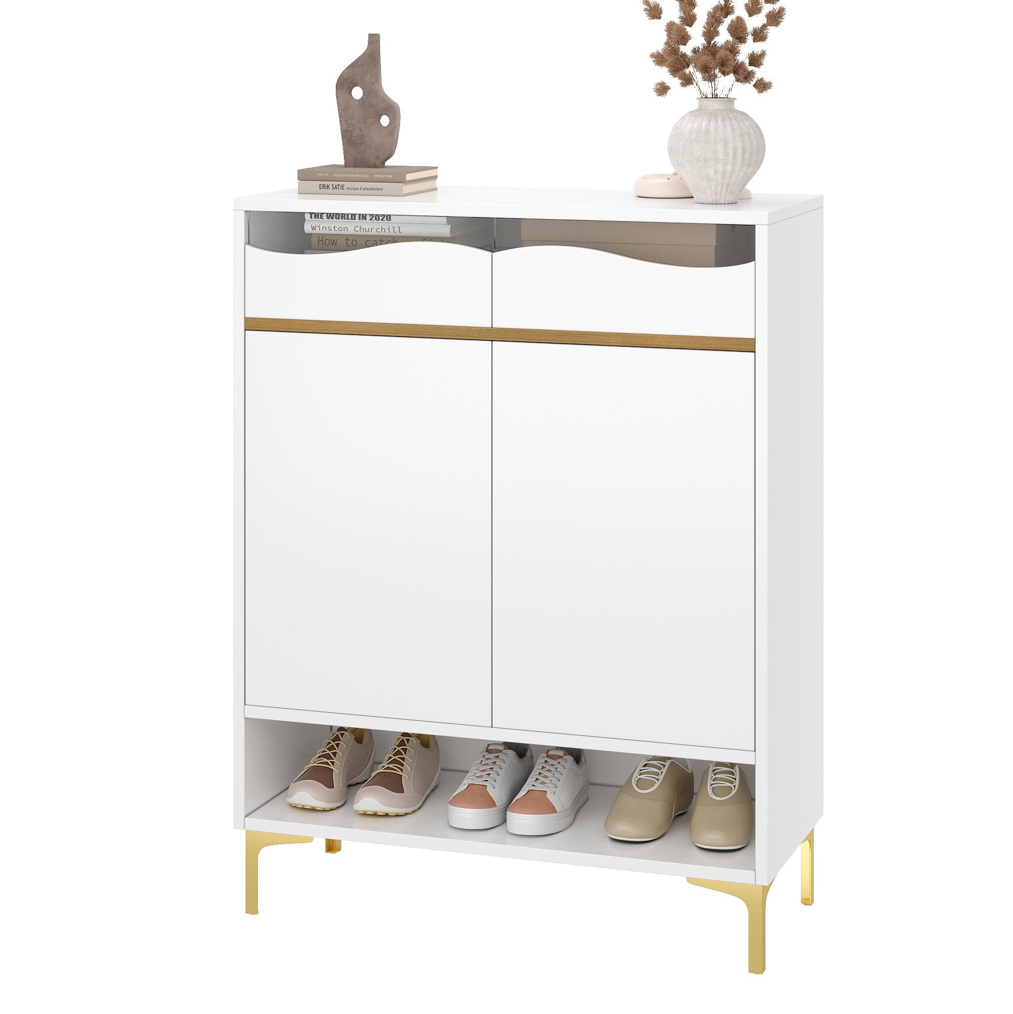 SCHUHSCHRANK 80/35/105 cm in Weiß mit 2 Schubladen, LED-Licht und goldfarbenen Füßen - Weiß, Holzwerkstoff (80/105/35cm) - BEAOK