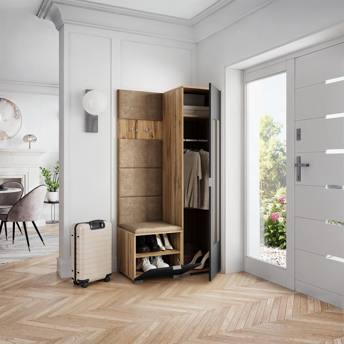 GARDEROBENSCHRANK VIRA 95/181/51 cm Modern Garderobe-Set Eiche Wotan - Beige/Eiche Wotan, Holzwerkstoff (95/181/51cm) - MASSENO