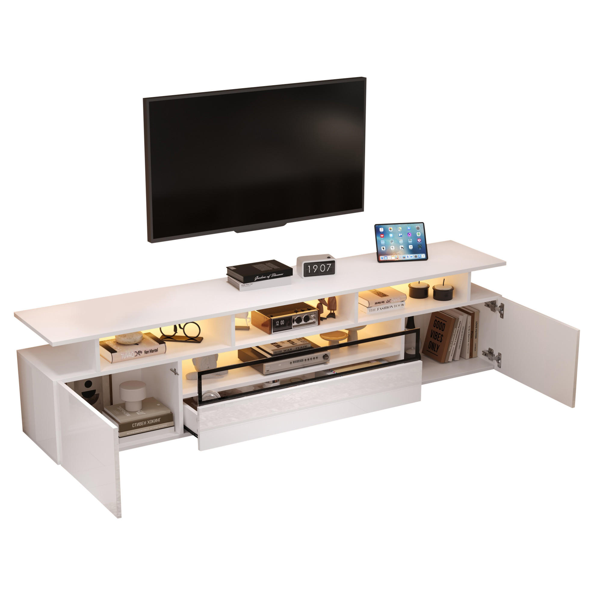 TV-LOWBOARD 180/38/45 cm mit LED-Beleuchtung, 2 Türen, 1 Schublade und Hochglanzfront, Weiß - Weiß, Holzwerkstoff (180/45/38cm) - Redom