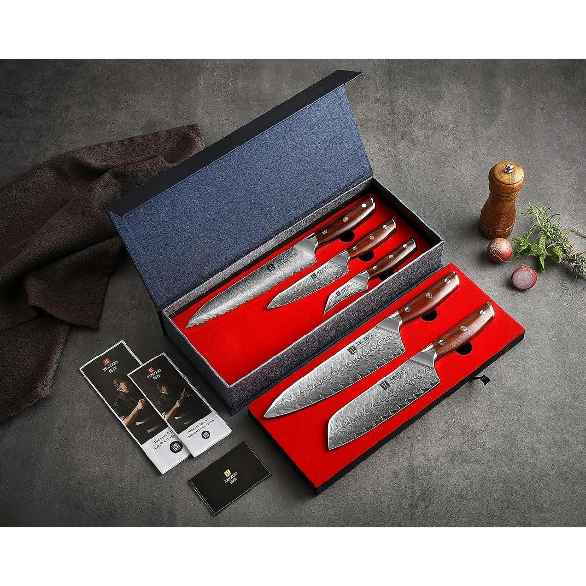 KÜCHENMESSER Set 5-teilig Damaststahl Rosenholz Griff - Multicolor, Holz