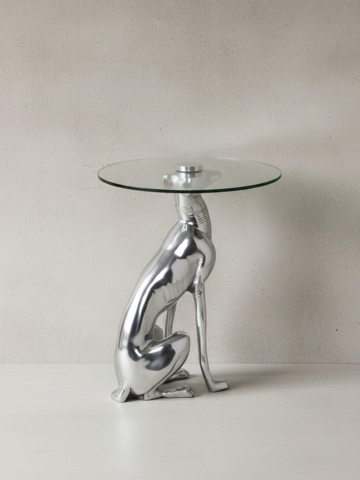 BEISTELLTISCH – Aluminium Glas Silber Skulptur Windhund 55x40 cm handgefertigt - Silberfarben, Glas/Metall (40/40/50cm) - KADIMA DESIGN