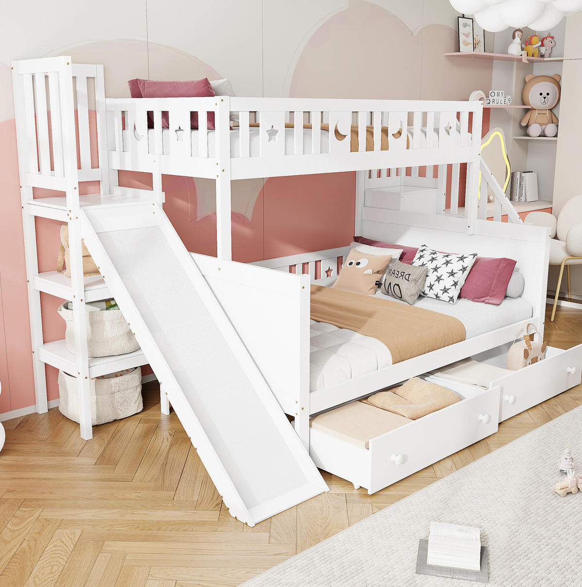 ETAGENBETT 90/200 und 140/200 cm in Weiß mit Rutsche, Leiter und Schubladen - Weiß, Holz (90/140cm) - Flora Grace