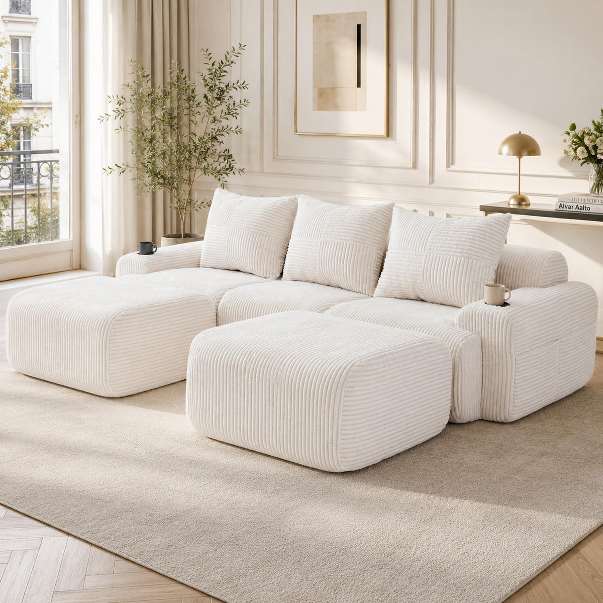 WOHNLANDSCHAFT 268/174/80 cm Beige mit 2 Fußhocker, 2 Becherhalter und Aufbewahrungstaschen - Beige, Textil (268/80/174cm) - Oxeza