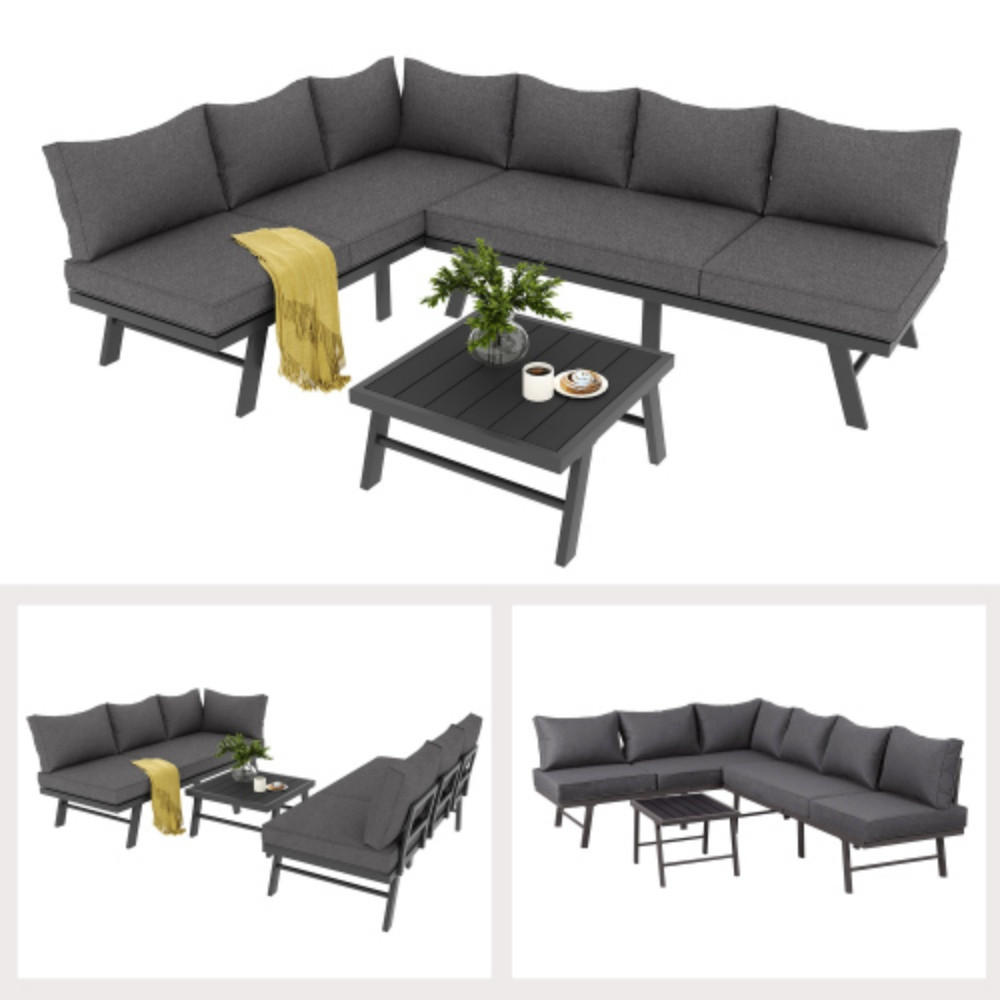 SITZGRUPPE Gartenmöbel-Set für 5-6 Personen – 2x 3-Sitzer Sofa & 1 Tisch, inkl. 7 grauen Kissen, dunkelgraues verzinktes Eisengestell mit Schutzfüßen - Grau, Metall - FOHERE