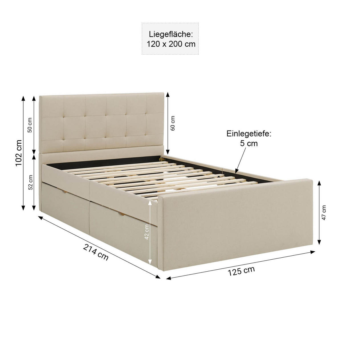 POLSTERBETT mit Stauraum 120/200 cm in Beige + Lattenrost - Beige/Naturfarben, Textil (120/200cm) - Homestyle4u