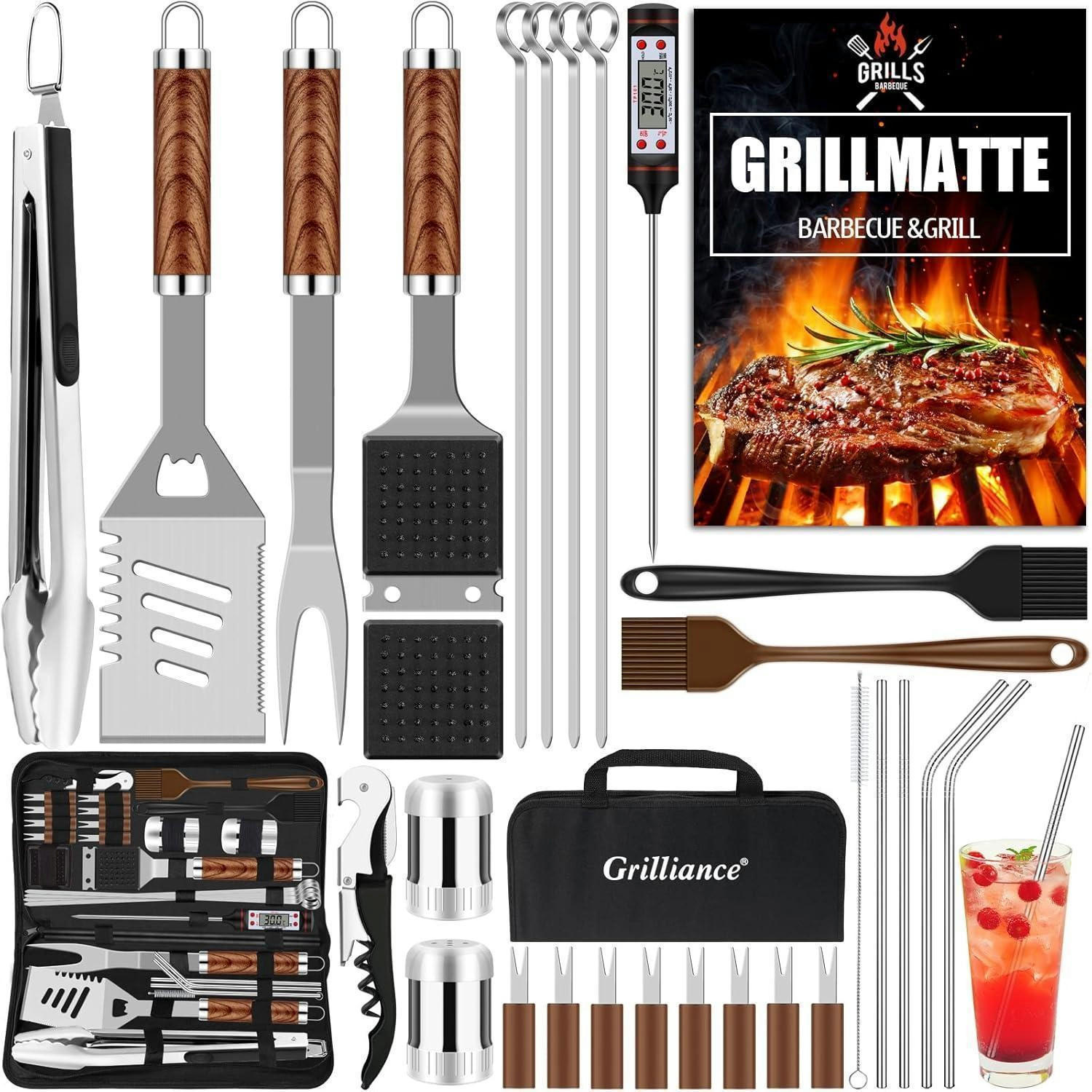 GRILLBESTECK Set 30-teilig Edelstahl mit Grillmatte und Koffer - Braun, Metall (39cm)