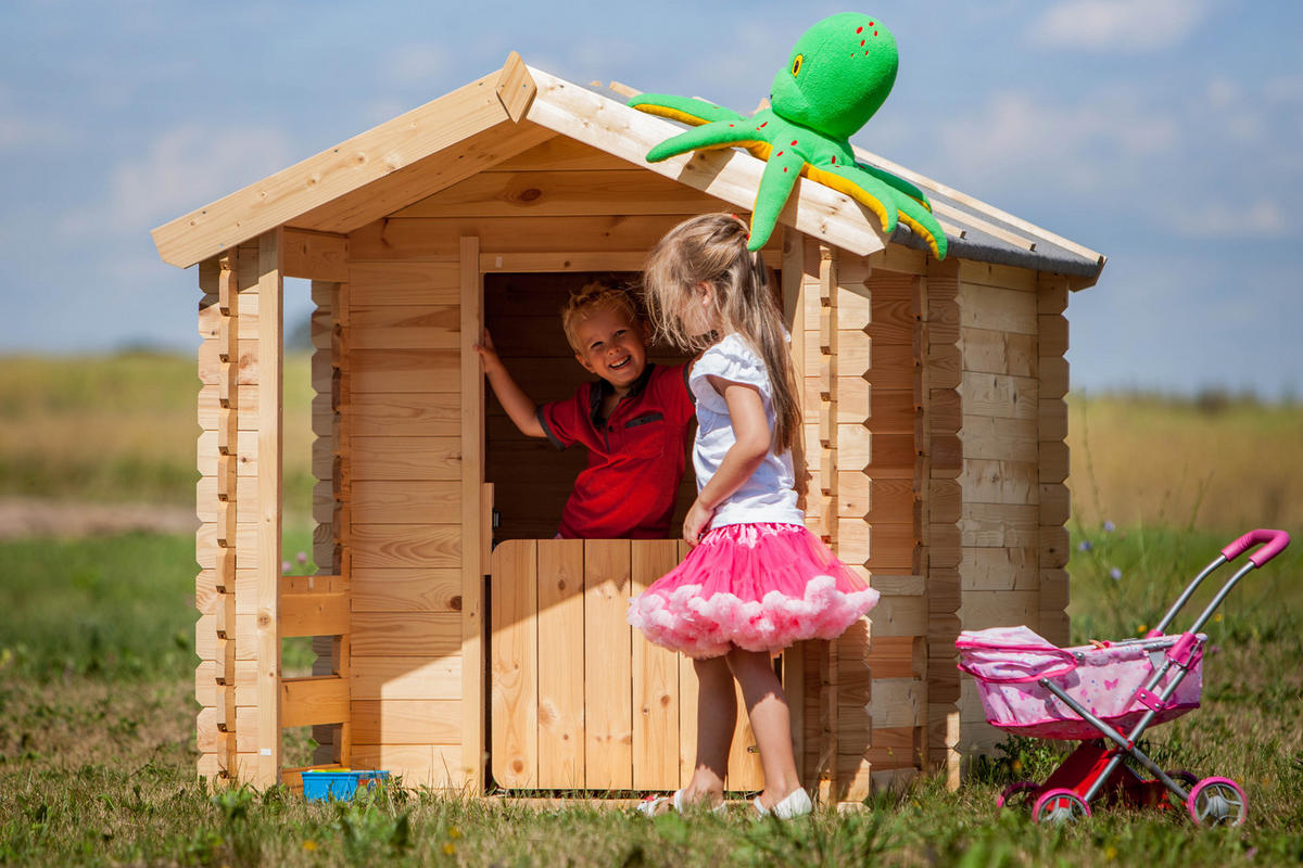 KINDERSPIELHAUS aus Holz - B146xL181xH145 cm/1,1m2 - M501 - Beige, Holz (146/145/182cm) - Timbela
