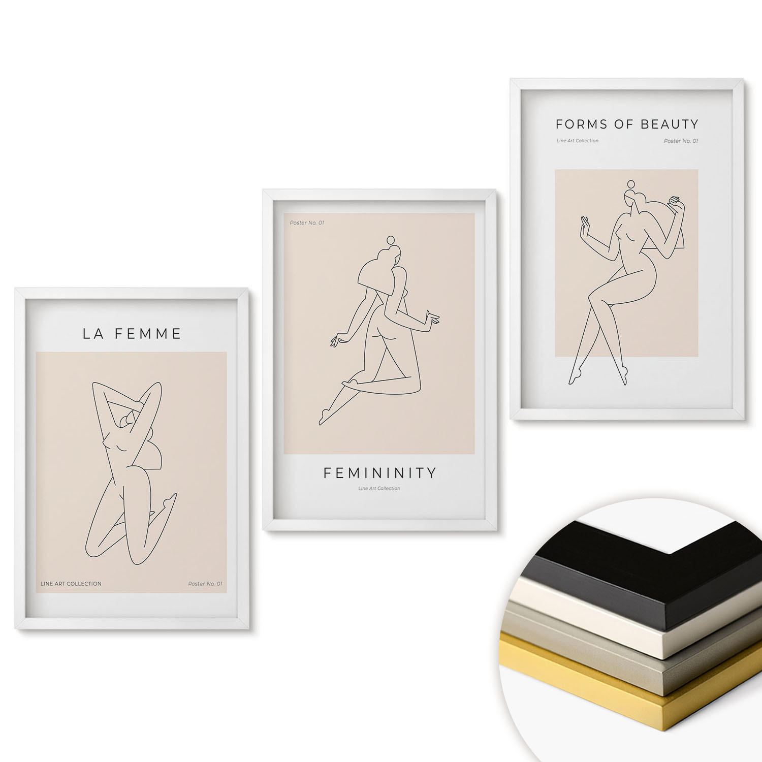 WANDBILDER 3er-Set - 40x60 cm Weißer Rahmen - Poster mit minimalistischen Frauensilhouetten - Weiß, Kunststoff (40/60cm) - ArtPrintCave