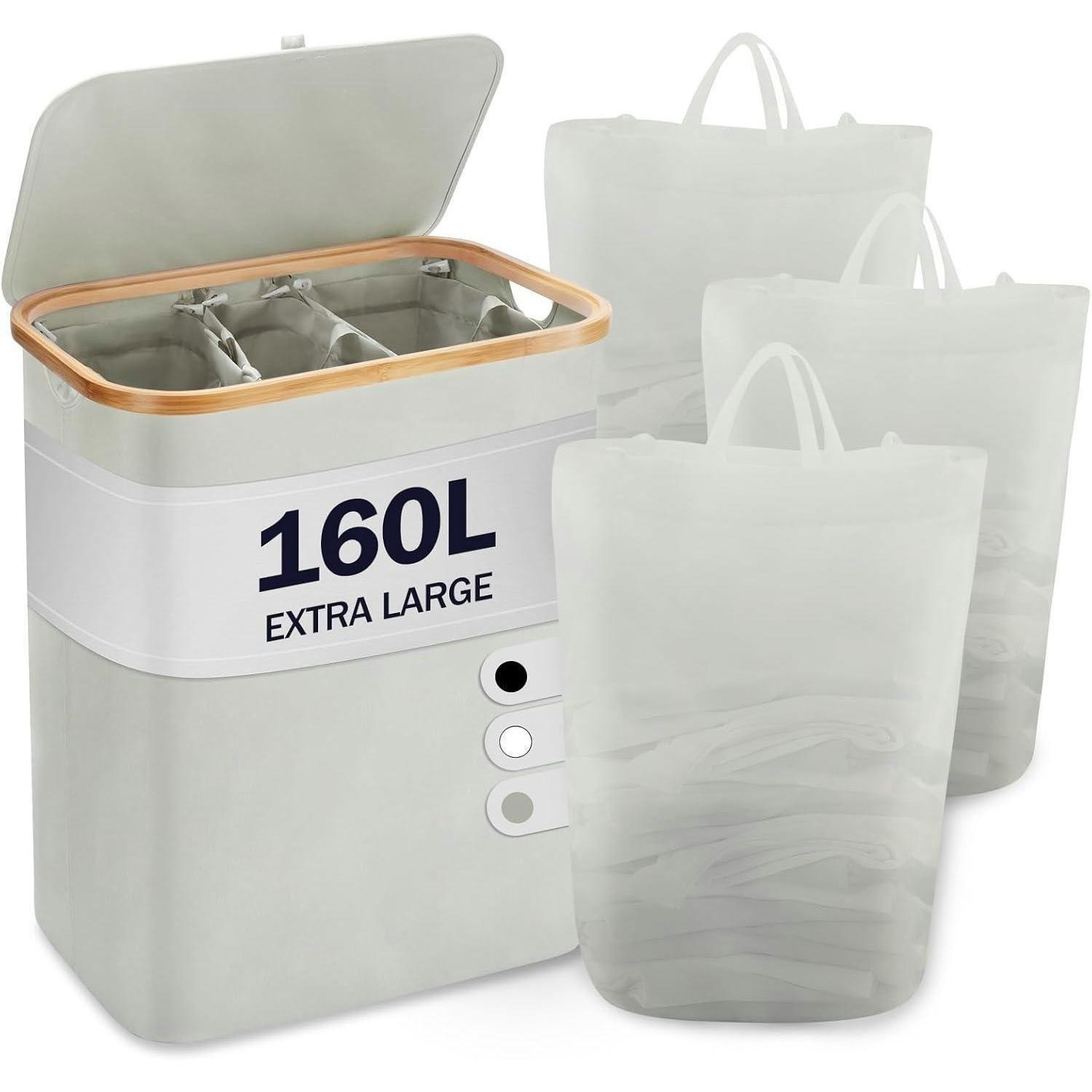 WÄSCHEKORB mit Deckel 3 Fächer 160L Grau - Grau, Naturmaterialien (37/74/57cm)