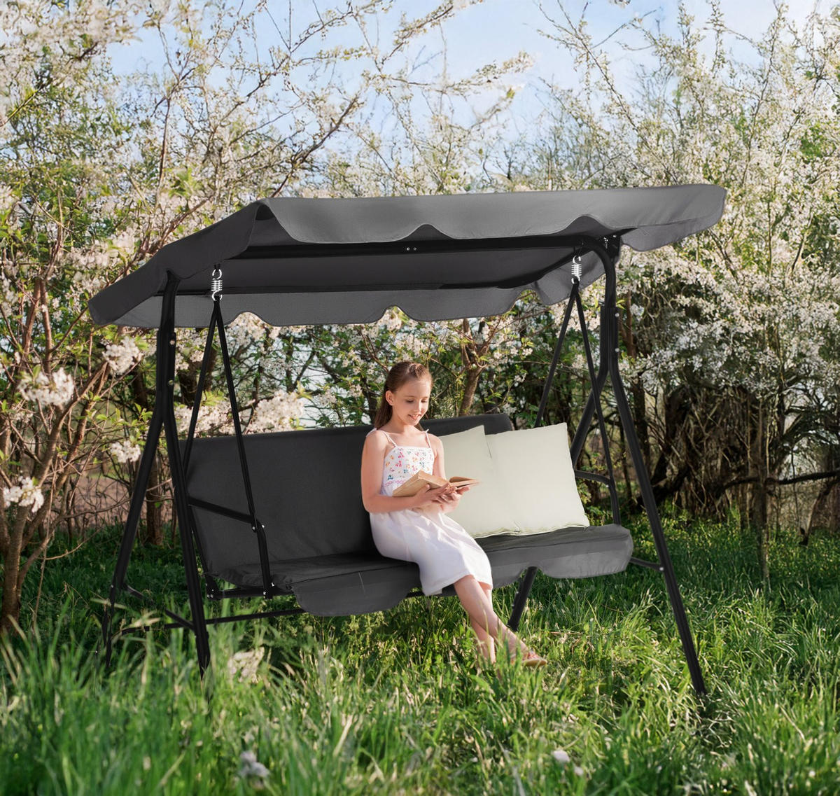 HOLLYWOODSCHAUKEL mit Sonnendach, 170/110/153 cm, 3 Personen, 2 Kissen - Grau, Textil/Metall (170/153/110cm) - Luverno