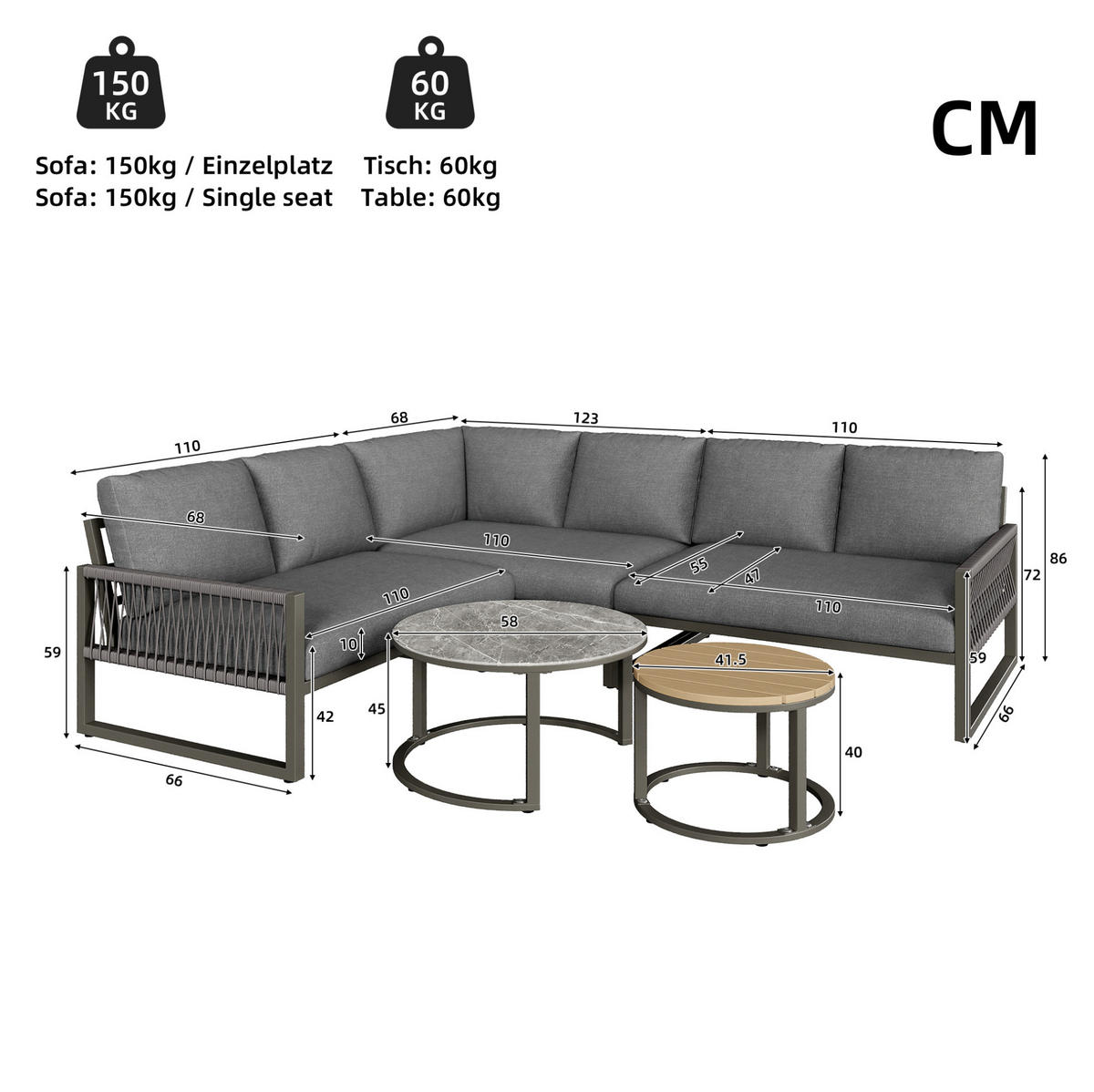 GARTENMÖBEL 123x68x86cm grau aus Metall und mit verstellbaren Füßen - Grau, Metall - Modfu