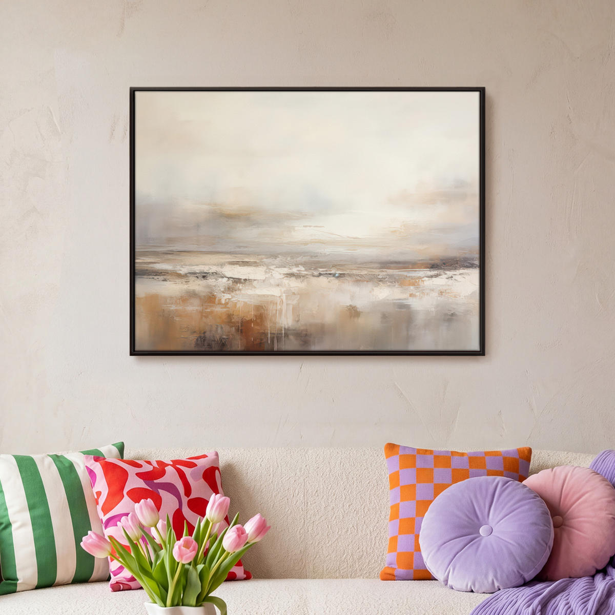 LEINWAND Bilder mit Rahmen - Kunst - Industriell - Grau - Braun - Abstrakt - 80x60 - Sandfarben, Textil (80/60cm) - MuchoWow