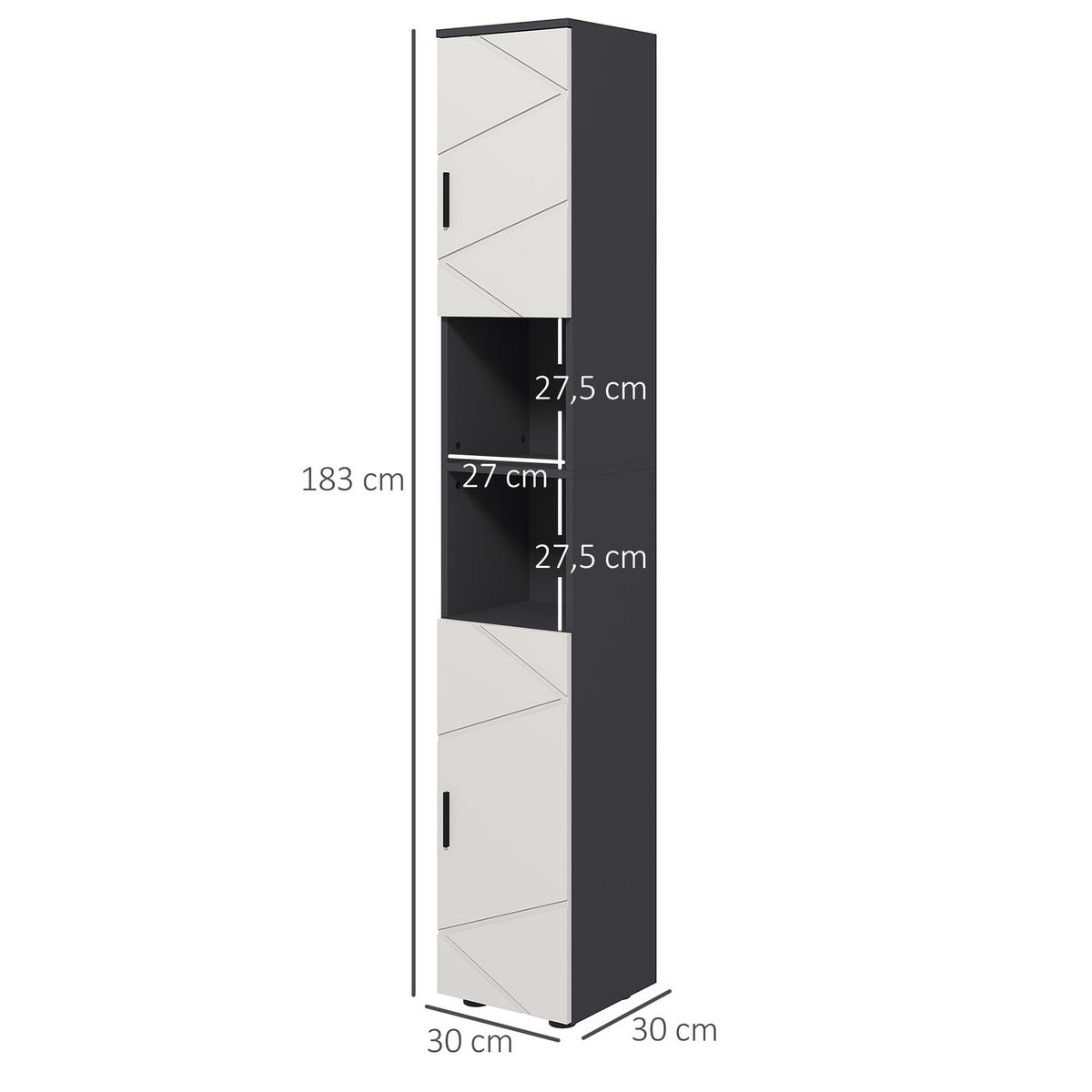 BADEZIMMERSCHRANK schmal, Hochschrank mit Verstellbar Regal, 2 offenen Fächern - Dunkelgrau, Holzwerkstoff (30/183/30cm) - Kleankin