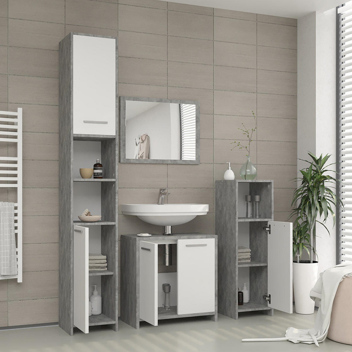 MIDISCHRANK Kiko Beton 30 x 95 cm - Weiß/Grau, Holzwerkstoff (30/95/30cm) - Vicco