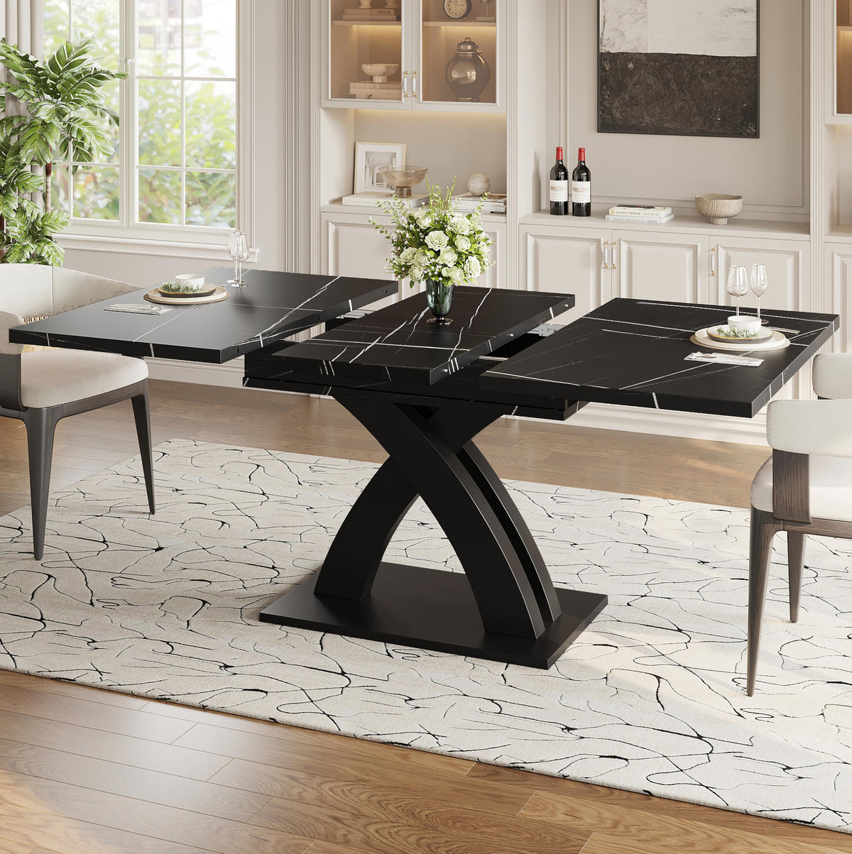 ESSTISCH 120/160/80 cm in Schwarz-Weiß ausziehbar mit X-Gestell - Schwarz, Holzwerkstoff (120/80/75cm) - Flora Grace