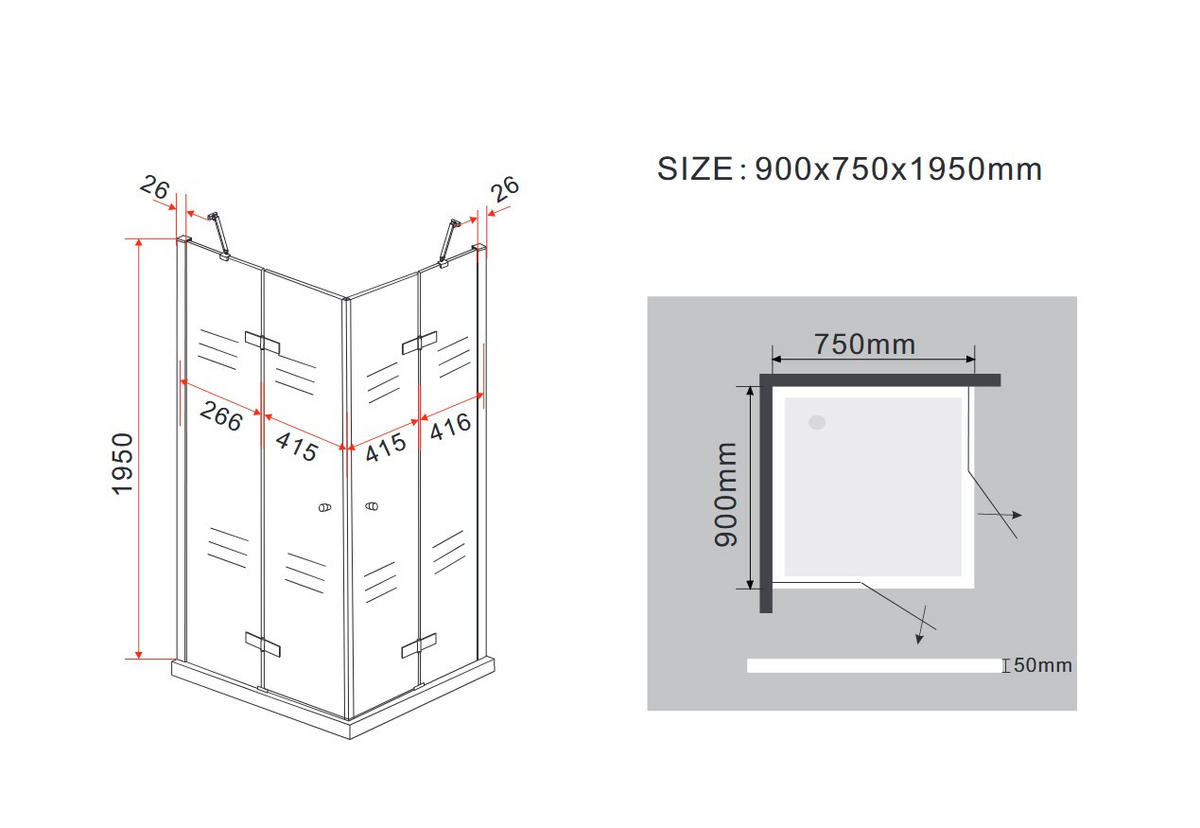 DUSCHKABINE CORNO Klar 90 x 75 x 195 cm 8 mm ESG - Klar, Glas (75/90/195cm) - Glasdeals