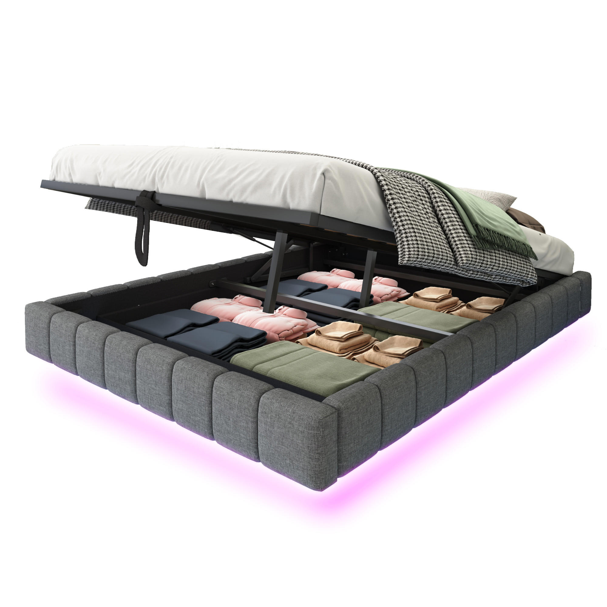 POLSTERBETT 140/200 cm Grau Hydraulischer Schwebebettrahmen mit Stauraum und LED-Beleuchtung - Grau, Textil (140/200cm) - OKWISH