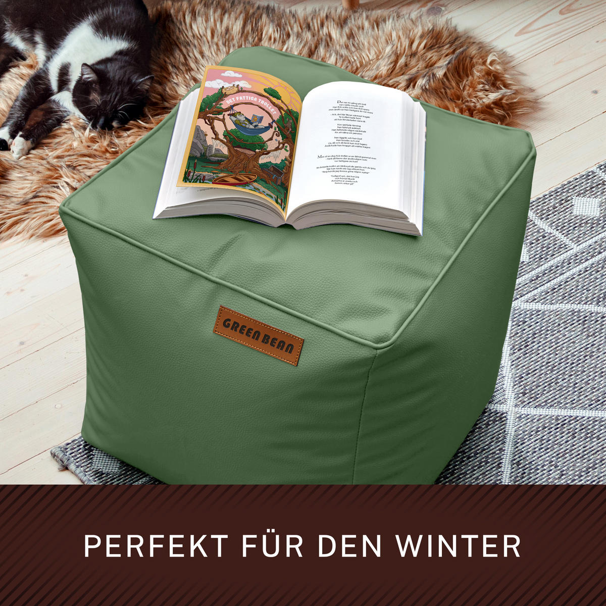 INDOOR HOCKER Cube eckig Kunstleder - Hellgrün, Textil (40/40/40cm) - Green Bean