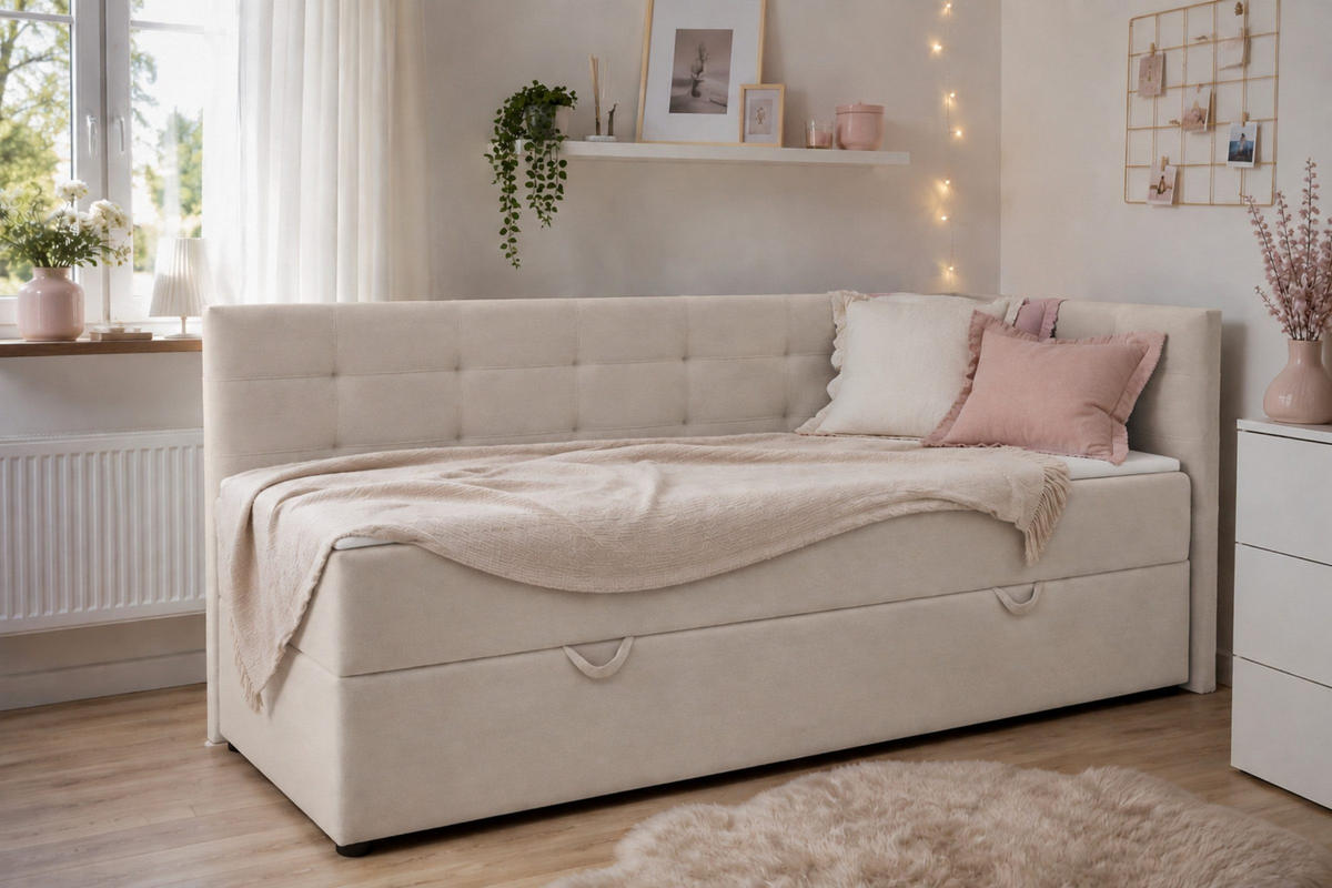 BOXBETT FAVIO 100/200 in Velours Ecru H3 - Beige, Holz/Holzwerkstoff (100/200cm) - Deine Möbel 24