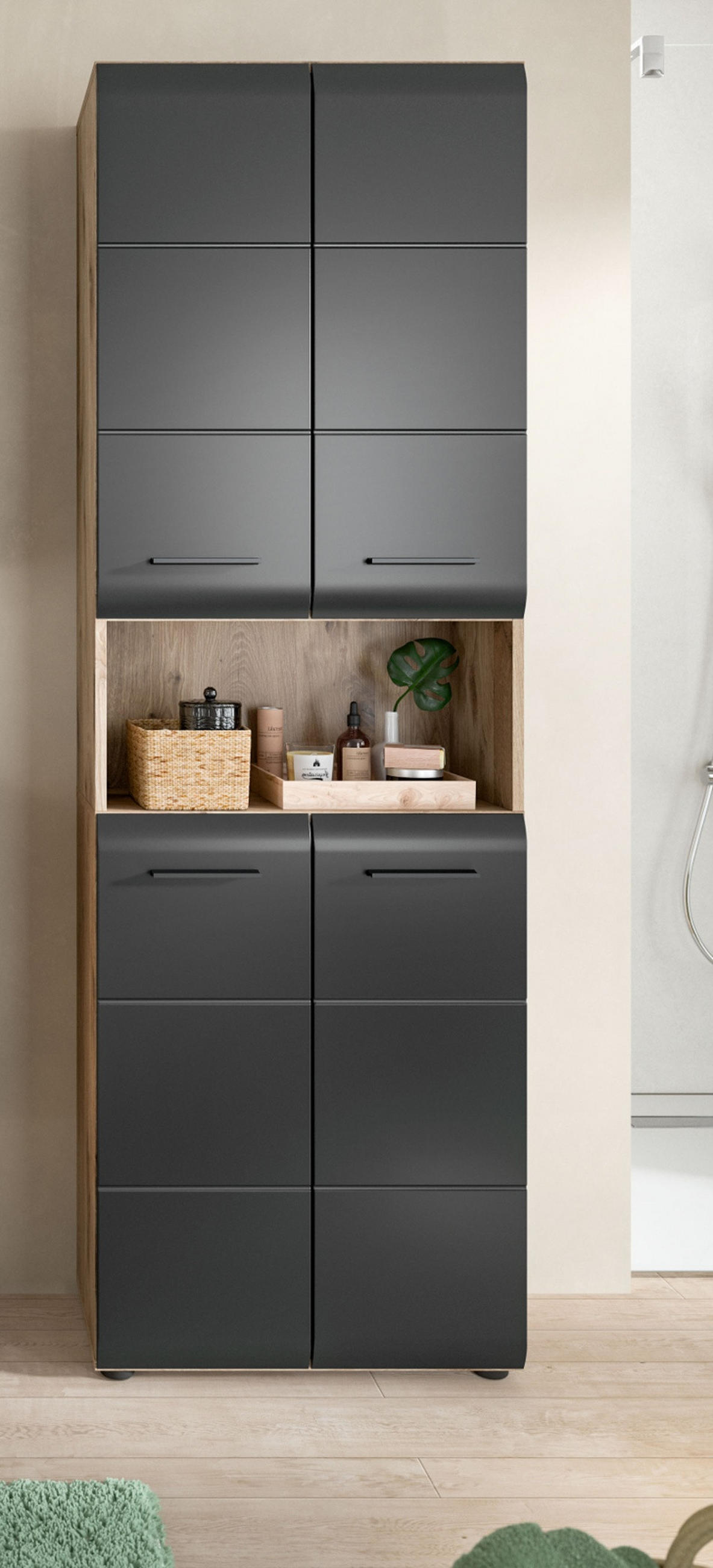 HOCHSCHRANK schwarz matt, Eiche, Badschrank 4-türig, 60 x 185 cm - Eichefarben/Schwarz, Holzwerkstoff/Kunststoff (60/185/30cm) - Inn.Furn