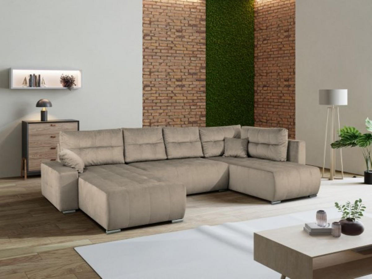 WOHNLANDSCHAFT Mediolan V U-Form mit Schlaffunktion und Bettkasten 358x190 cm beige - Beige, Holz (358/95/190cm) - Margaret Hadas24