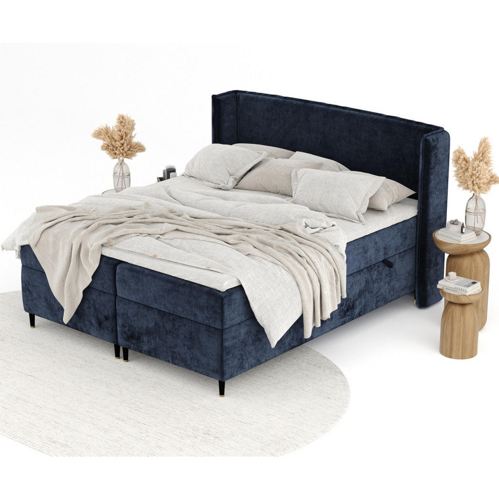 Thumbnail - Maison de Reve Boxspringbett, Dunkelblau, Textil, Buche, Kiefer, H3, Höhe ca. 19 cm, 200x200 cm, Oeko-Tex® Standard 100,...