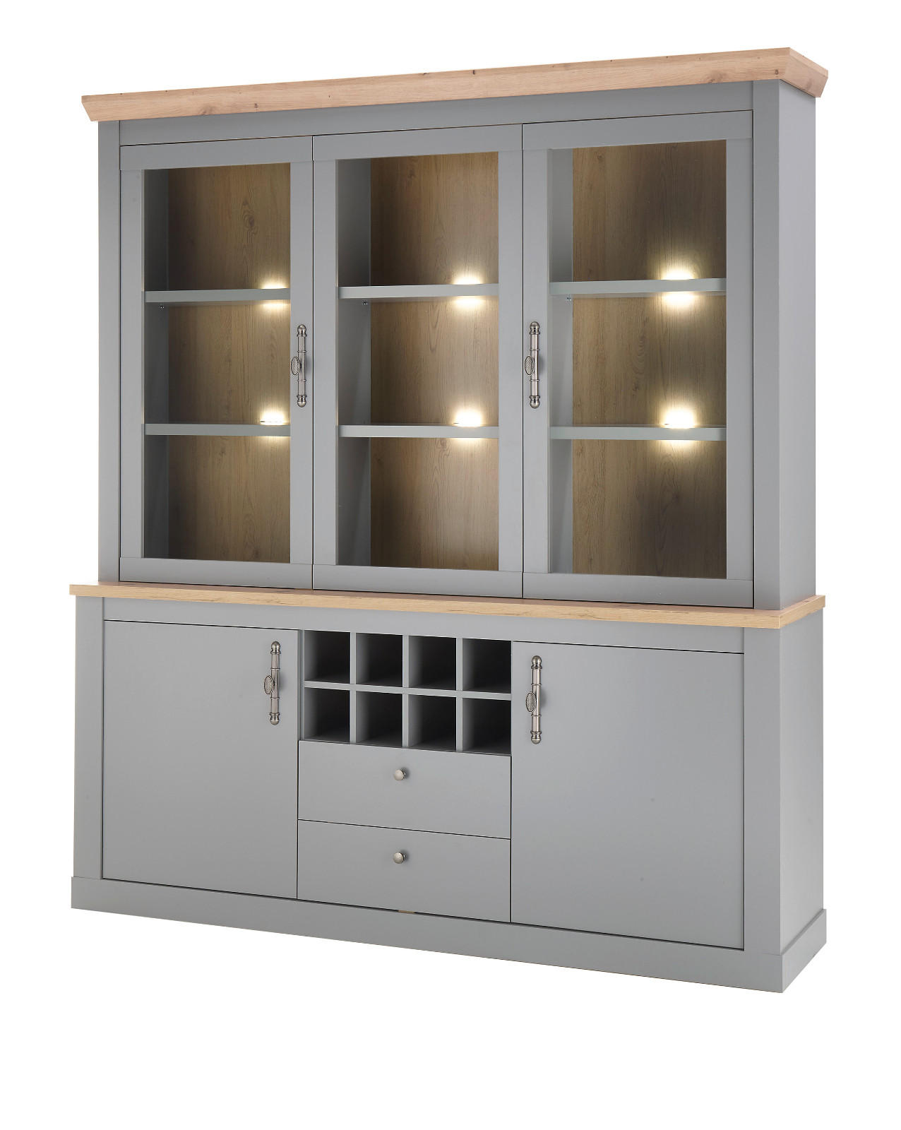 BUFFET grau, Artisan Eiche Landhaus 183 x 200 cm, Buffetschrank mit Weinregal - Silberfarben/Hellgrau, Glas/Holzwerkstoff (183/206/44cm) - Furn.Design