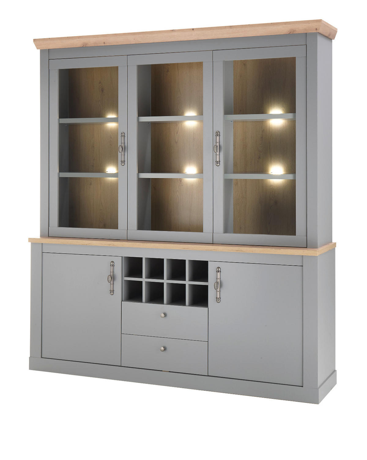 BUFFET grau, Artisan Eiche Landhaus 183 x 200 cm, Buffetschrank mit Weinregal - Silberfarben/Hellgrau, Glas/Holzwerkstoff (183/206/44cm) - Furn.Design
