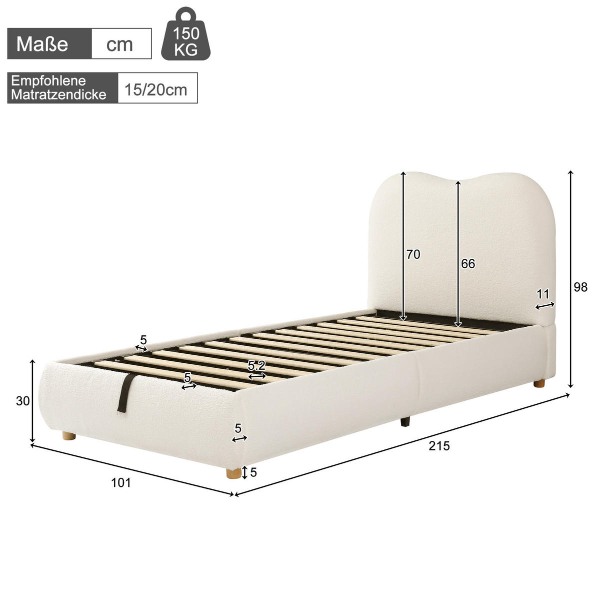 KINDERBETT 90/200 cm mit hydraulischem Bettkasten, gepolstertem Kopfteil und Bouclé-Bezug, Beige - Beige, Textil (90/200cm) - Redom